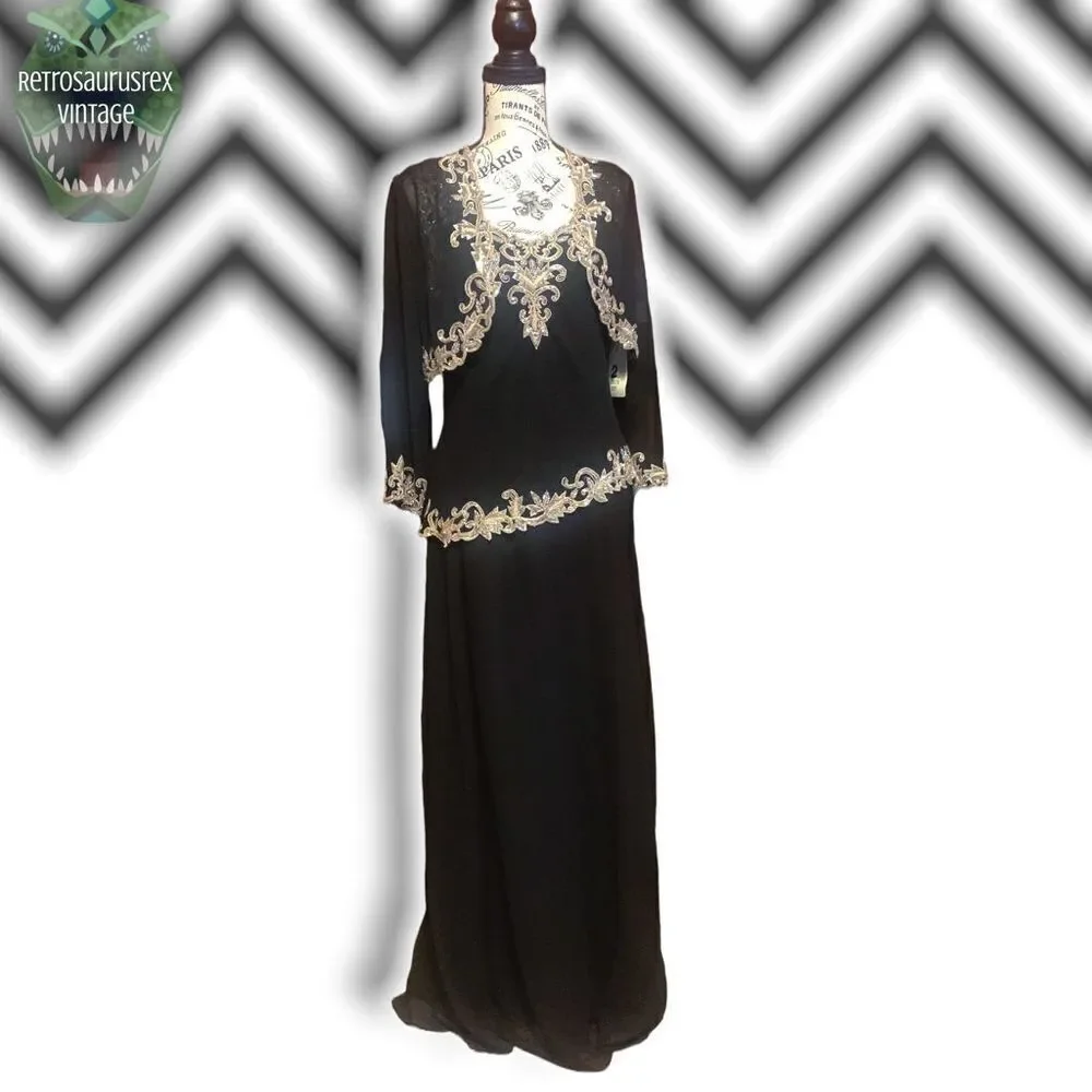 VINTAGE J’Kara 1990’s Beaded Chiffon Special Occasion Glam Gown & Jacket, Size 6 - Picture 7 of 9